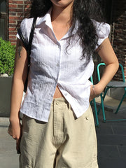 BXOXO - summer inspo Sweetown White Solid Single Breasted Turn Down Collar Casual Shirts Women Simple Puff Sleeve Japanese Y2K Preppy Summer Tops