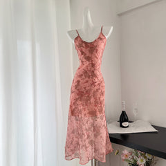 BXOXO - summer inspo French Floral Strap Dress for Women 2025 Summer New Vintage V-neck Sleeveless Fishtail Dress Vacation Style Sling Dresses