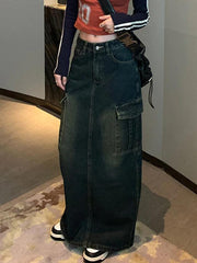 Wash Distressed Big Pocket High Rise Maxi Skirt