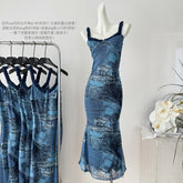 BXOXO - summer inspo Summer New Patchwork Dress Women Suspender Dresses American Retro Slim Fit Long Dress Street Style Spicy Girl Wrapped Hip Skirt