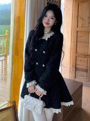 BXOXO party look inspos Autumn Black Vintage Tweed Dresses Women Lace Patchwork Elegant Mini Dress Female Long Sleeve Chic Party Vestidos Y2K Clothes