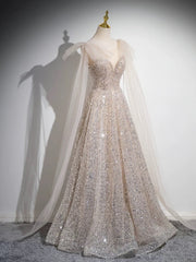 BXOXO A-Line Scoop Neckline Tulle Sequin Champagne Long Prom Dress