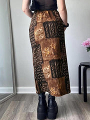 Vintage Random Print Elastic Waist Midi Skirt