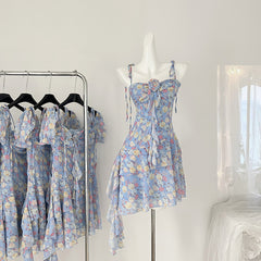 BXOXO - summer inspo Y2k Fairy Dress Women Summer Floral Halter Ribbon Irregular Ruffle Slim Short Dresses French Holiday Sweet Dress Vestidos