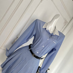 BXOXO - summer inspo Korean Style Fashion Women Two Piece Sets Turn-down Collar Long Sleeve Striped Shirt + Sweet A-Line Skirt Temperament Set