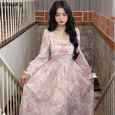 BXOXO party look inspos Long Sleeve Midi Dress Women Sweet Princess Girls Floral Print Flattering Waist Bow Square Collar Spring Design Elegant Temper