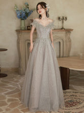 BXOXO A-Line Off Shoulder Tulle Sequin Gray Long Prom Dress, Gray Formal Dress