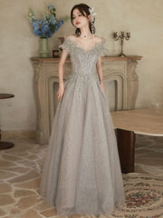 BXOXO A-Line Off Shoulder Tulle Sequin Gray Long Prom Dress, Gray Formal Dress
