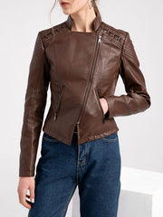 BXOXO Long Sleeves Split-Joint Zipper Mock Neck PU Jackets Outerwear