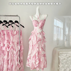 BXOXO - summer inspo Summer Beach Print V-neck Sling Halter Dress Women Sexy Sleeveless Lace-Up Backless Loose Dress 2025 New Holiday Casual Robe