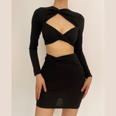 Asymmetrical Knotted Hollow Out Solid Long Sleeve Skirt Set