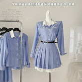 BXOXO - summer inspo Korean Style Fashion Women Two Piece Sets Turn-down Collar Long Sleeve Striped Shirt + Sweet A-Line Skirt Temperament Set