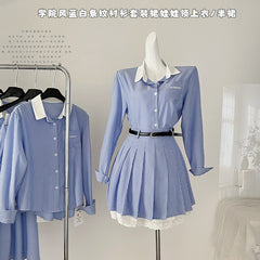 BXOXO - summer inspo Korean Style Fashion Women Two Piece Sets Turn-down Collar Long Sleeve Striped Shirt + Sweet A-Line Skirt Temperament Set