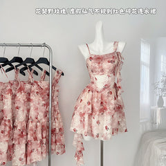 BXOXO - summer inspo Summer New Floral Dress Y2k Holiday Beach Irregular Dress Women Fashion Sweet Party Short Dress Elegant Camisole Dress