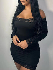 BXOXO - summer inspo Solid Slim Lace Trim Off Shoulder Long Sleeve Black Short Dress Women Elegant Sexy Party Dresses