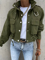 BXOXO Long Sleeves Loose Buttoned Drawstring Pockets Solid Color Split-Joint Zipper Stand Collar Jackets Outerwear