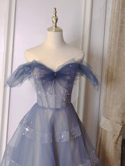 BXOXO Blue Tulle Off Shoulder Long Prom dress, Blue A line Evening Dress