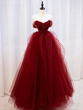 BXOXO Burgundy Off Shoulder Tulle Lace Long Prom Dresses, Burgundy Formal Graduation Dresses