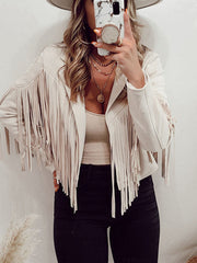 BXOXO Long Sleeves Solid Color Split-Joint Tasseled Notched Collar Jackets