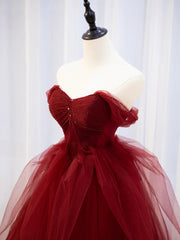 BXOXO Burgundy Off Shoulder Tulle Lace Long Prom Dresses, Burgundy Formal Graduation Dresses