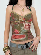 BXOXO - summer inspo Plant And Floral Print Vintage Y2K Aesthetic Mesh Camisole Women Tie Lace Trim Cute Kawaii Clothes