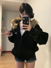 BXOXO Women Black Faux Fur Hoodies Vintage Korean Preppy Style Casual Zip Up Sweatshirt Harajuku Oversized Autumn Winter Coat