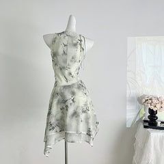 BXOXO - summer inspo New Chinese Style Dresses Women Summer New Sexy Sleeveless Print Dress Fashion Elegant Vintage Mini Short Dress Vestidos