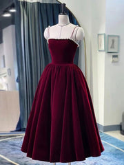 BXOXO Simple Burgundy Tea Length Prom Dress, Burgundy Homecoming Dress