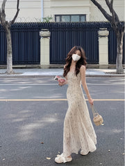 BXOXO French Floral Cami Midi Dress for Women - V-Neck, Slimming Waist Cinch, A-Line Silhouette, Breathable Polyester, Perfect for Summer Outings, Casual Wear | Waist Cinch Dress | Stylish Fishtail, Chic Dress