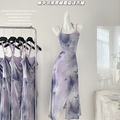 BXOXO - summer inspo 2025 Summer Butterfly Print Strap Dress Women Elegant Sleeveless Evening Party Midi Dresses Korean Off Shoulder Dress