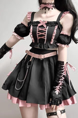 BXOXO - Black/Pink Tie Bow Gothic Sweet Lolita Strapless Skirt Dress 2 Pieces Set