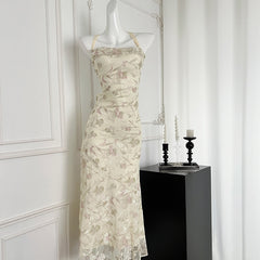 BXOXO - summer inspo Gentle Style Floral Print Backless Halter Dress Woman Elegant Casual Sleeveless Beachwear Sexy Slim Fit Dress 2025 Summer