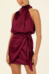 BXOXO - Satin High Neck Wrap Mini Dress