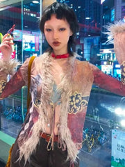 BXOXO Grunge Vintage Y2k Mesh Shirt Women Harajuku Japanese Tops Hippie Print Blouses Retro Streetwear 2000s Shirt Aesthetics