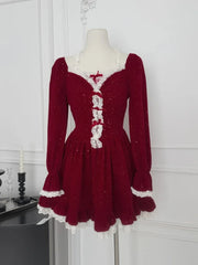 BXOXO Autumn French Sweet Elegant Velvet Short Dress Women Red Design Bow Lace Party Dress Christmas New Year Chic Holiday Clothing