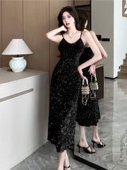 BXOXO party look inspos Autumn Women V-Neck Sequins Party Dress New Elegant Sleeveless Package Hip Spaghetti Strap Long Dresses Chic Vestidos Largos