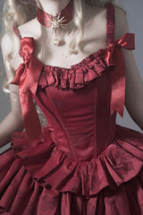 BXOXO - Wine Red Sleeveless Multi-layer Ruffle Bowknot Fish Bone Gothic Lolita Jsk Dress