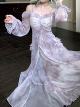 BXOXO Lavender Blue Ombre Dress - Elegant Floral Print, Long Sleeve, Off-Shoulder, A-Line Silhouette, Ruffle Detail, Polyester, Perfect for Spring & Summer