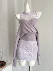 BXOXO French Elegant Luxury Sexy 3 Piece Set Women Lace Top+Off Shoulder Sweater+Mini Bag Hip Skirts Female Nightclub Slim Knit Suit