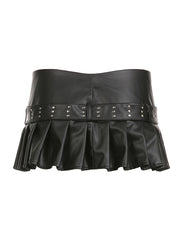 BXOXO - summer inspo Punk Gothic Zipper Split Black PU Leather Pleated Skirt With Rivet Belt Women Sexy Baddie Outfits