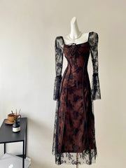 BXOXO - summer inspo Women's Knitted Dress Lace Mesh Patchwork Long Sleeve Square Collar Lace Up Sexy Mermaid Skirt Spring New Club Party Dress