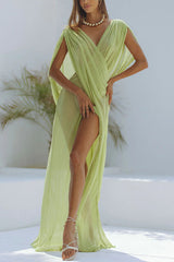 BXOXO - Enjoy Your Vacation Linen Blend Ruched Shoulder Drape Loose Cover Up Maxi Dress