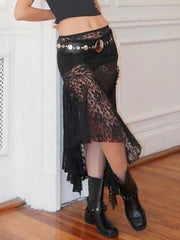 BXOXO - Lace Asymmetrical Ruffle Trim Low-Rise Midi Skirt