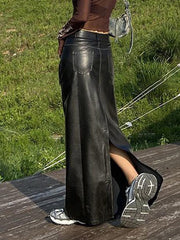 Vintage Leather Multi Pocket Maxi Skirt