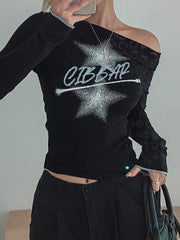 BXOXO - Star Print Off-Shoulder Long Sleeve Top