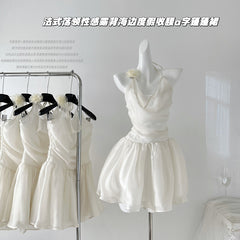 BXOXO - summer inspo French Solid Colour Swinging Collar Slim Dress Women Summer New Sexy Backless Seaside Vacation A-line Fluffy Skirt