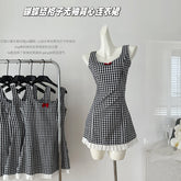 BXOXO - summer inspo 2025 Summer Women's Black and White Plaid Suspended Dress Bow Short Dress Elegant Casual Sleeveless Dresses