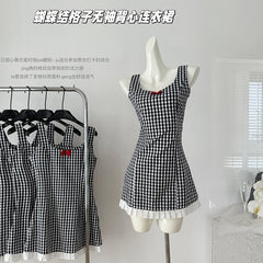 BXOXO - summer inspo 2025 Summer Women's Black and White Plaid Suspended Dress Bow Short Dress Elegant Casual Sleeveless Dresses