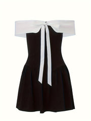 BXOXO Chic Off-Shoulder Bow Tie Dress for Women - Y2K Retro, A-Line Mini Skirt, Polyester & Spandex Blend, Machine Washable, Elegant Summer Fashion
