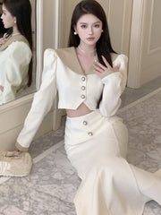 BXOXO party look inspos Elegant Two Piece Set Women Long Sleeves Short Coat + High Waist Mermaid Skirt Autumn Winter Solid Korean Style Patchwork Outfit